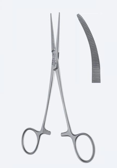 Зажими гемостатичні Crile-Rankin, "Daily Line", вигнуті, зубчасті щелепи, з кремальєрою, загальна довжина 160 мм. Бренд - Asanus Medizintechnik Gmb, Німеччина